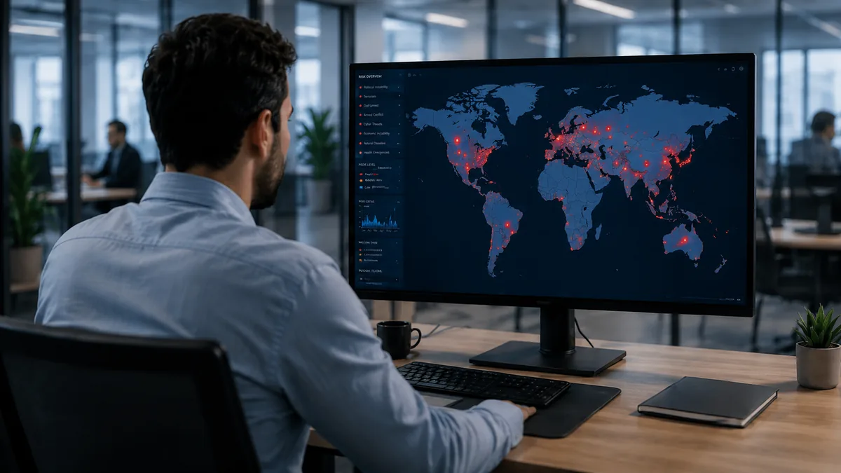 Modern bir ofis ortamında küresel risk haritasını ekran üzerinden değerlendiren profesyonel