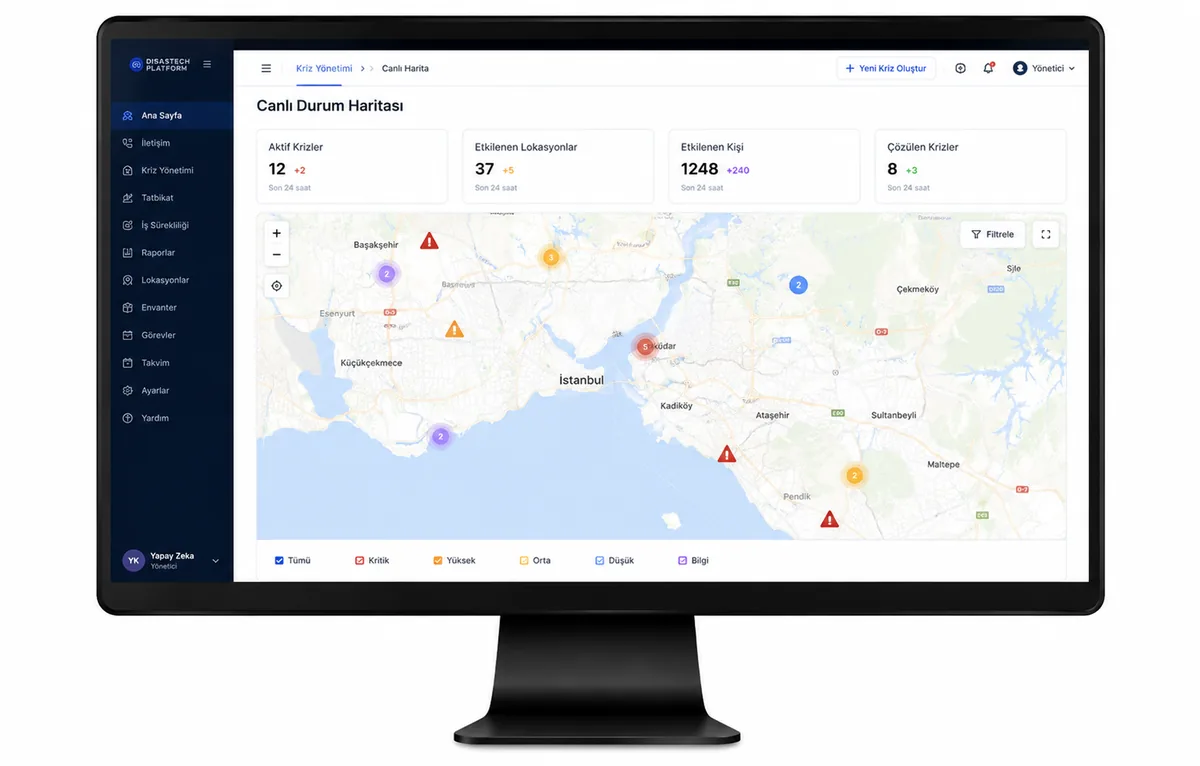 Disastech platform ekranı — canlı harita, olaylar ve durum panosu