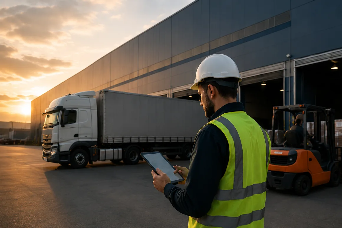 Depo, tır, forklift ve saha çalışanının aynı operasyon içerisinde göründüğü lojistik sahnesi