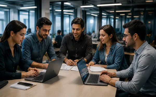 Farklı departmanlardan çalışanların birlikte değerlendirme yaptığı ofis ortamı