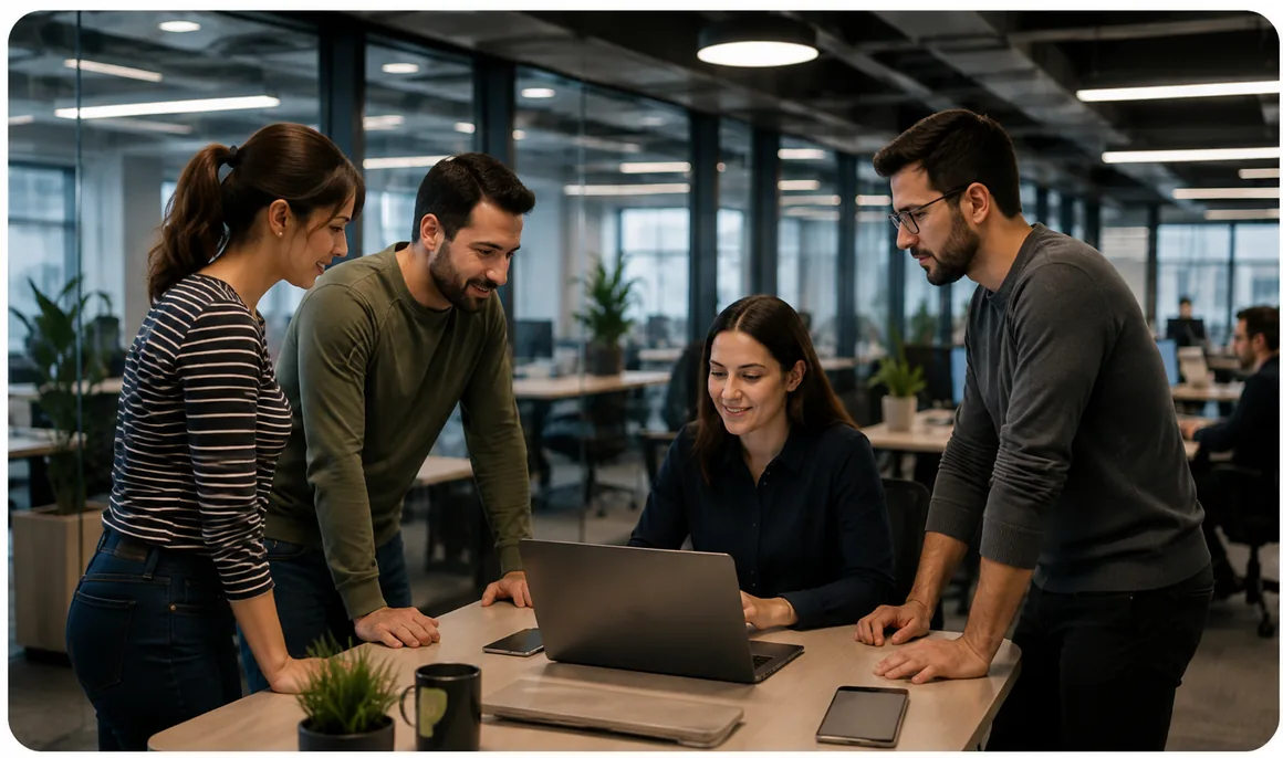 Teknik ve operasyon ekiplerinin birlikte çalıştığı modern ofis ortamı