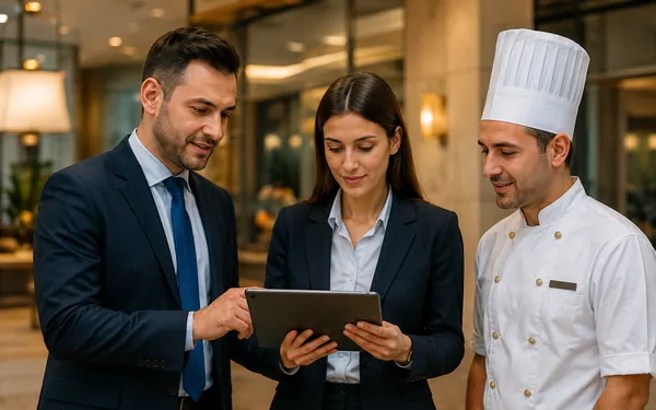 Farklı departmanlardan otel çalışanlarının birlikte değerlendirme yaptığı doğal bir sahne