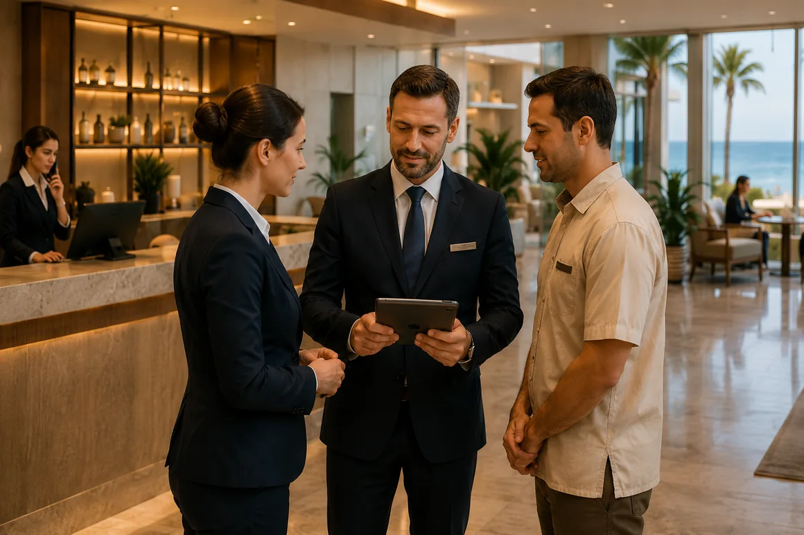 Otel yöneticileri ve çalışanlarının doğal şekilde iletişim kurduğu premium otel ortamı